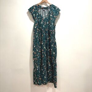 Old Navy Midi Dress Green Floral Flutter Sleeve Smock Waist Women L  Ruffle Tier